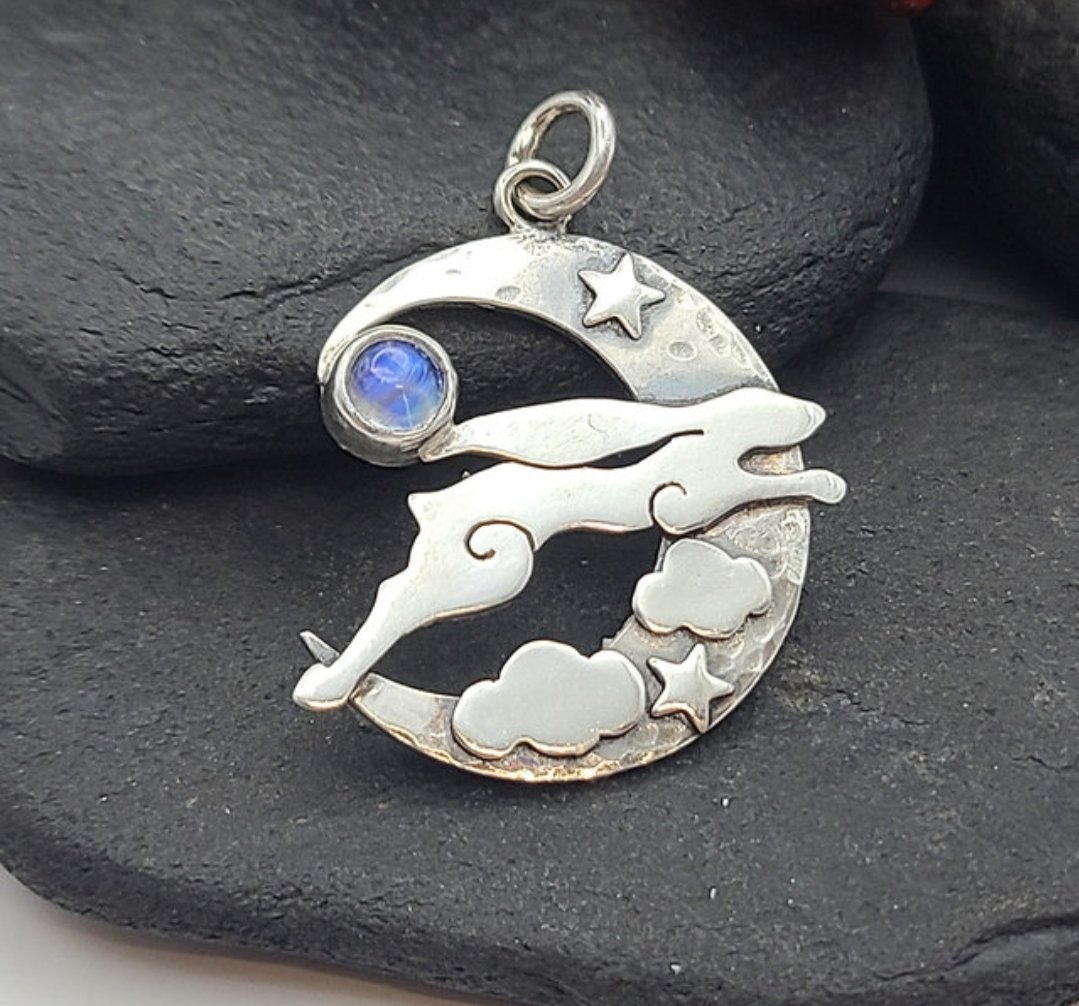 Starchaser My own design shadow hare, blazing a trail over the moors with a huge crescent moon in the background, running fast enough to catch the stars! Available with full info and more pics emmascottjewellery.com/product-page/s… #womaninbizhour #MHHSBD #CraftBizParty