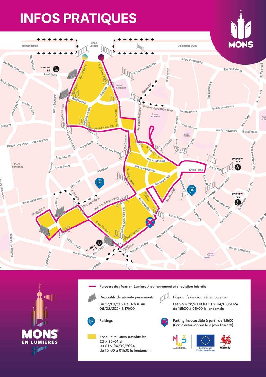 Suite au festival de Mons en Lumières les 25, 26, 27 et 28 janvier ainsi que les 1, 2, 3 et 4 février, la circulation sera interdite dans le centre ville de Mons de 15h à 01h le lendemain.
Bien sûr, tout est prêt chez Waze pour donner les bons itinéraires! #wazeestajour