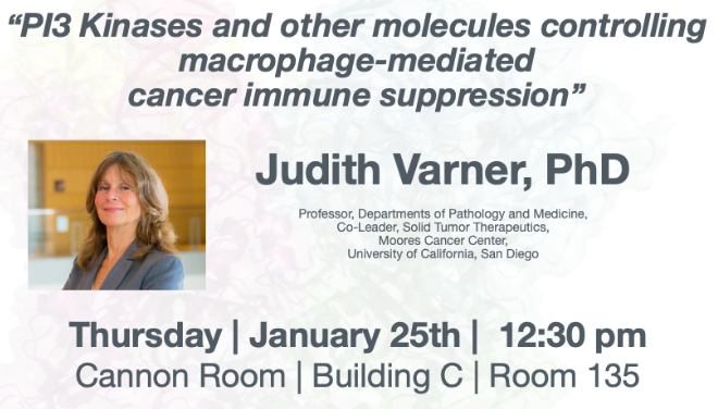 Please join us in-person for the BCMP seminar on Thursday, January 25 at 12:30pm by Judith Varner, Professor, Departments of Pathology and Medicine, Moores Cancer Center, UCSD. @JudithVarner2 @UCSDCancer