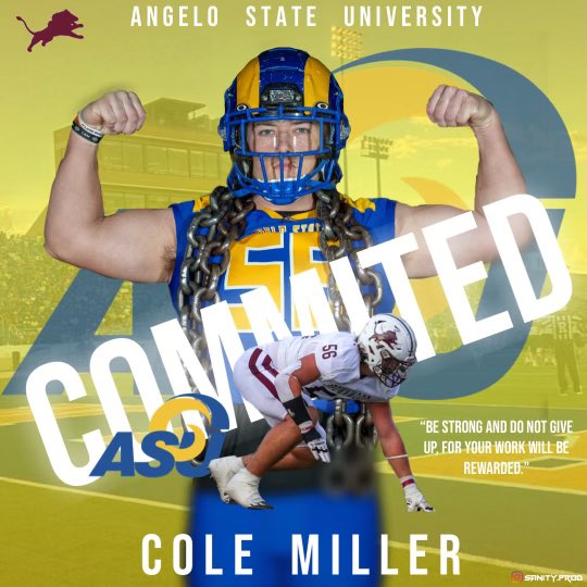 Cole Miller (@colemiller0301) on Twitter photo I am truly blessed to further my academic and athletic career at Angelo State University. #AGTG #RamFam
Thank You <a href="/JeffGirsch/">Jeff Girsch</a> <a href="/CoachOB_5/">Tyler O'Bryan</a> I am truly blessed to further my academic and athletic career at Angelo State University. #AGTG #RamFam
Thank You <a href="/JeffGirsch/">Jeff Girsch</a> <a href="/CoachOB_5/">Tyler O'Bryan</a>