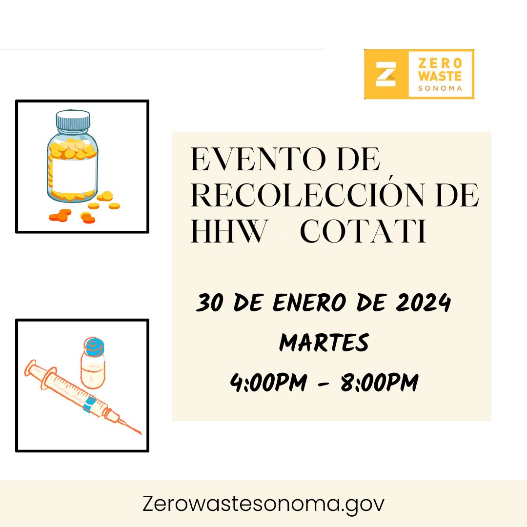 OutreachSoluna's tweet image. Next Tuesday! Zero Waste Sonoma is hosting a Household hazardous waste Collection event in Cotati.
Go ahead and schedule your appointment online ZEROWASTESONOMAHHWEVENT.AS.ME/COTATI

Asegurese de hacer su cita en línea .