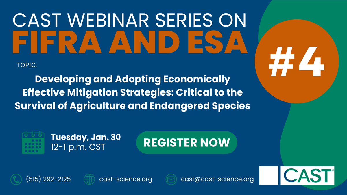 CASTagScience's tweet image. Join us for the fourth session of CAST's six-part series on FIFRA-ESA on Tuesday, Jan 30, 12-1 pm CST.

Title: "Developing and Adopting Economically Effective Mitigation Strategies."

Register now!
lp.constantcontactpages.com/cu/xrHu781

#CASTwebinar #CASTevent