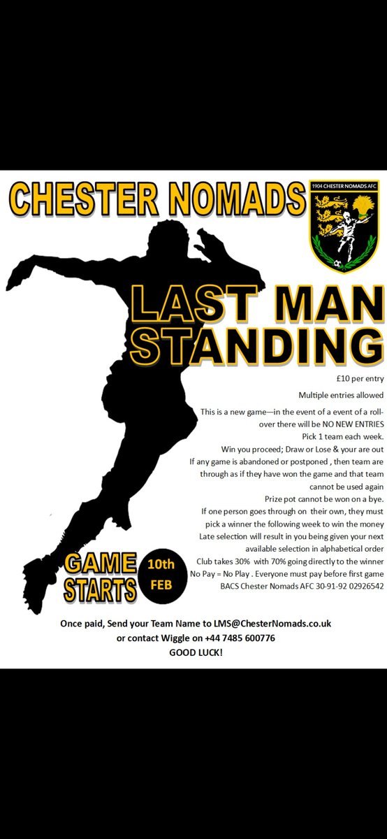 Chester Nomads Last Man Standing. Please feel free to contact <a href="/JMDelgado1991/">Jack Michael Delgado</a> and <a href="/Dandelgado86/">Dan Delgado</a> if you would like to get involved! £10 per entry. Starting on the 10th February!! #AmberArmy 🔶🔶🔶
