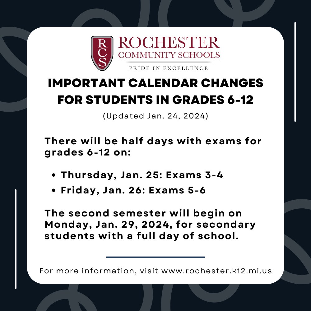 UPDATE for JAN. 24: High school activities may proceed as scheduled after 3 p.m. today. Facility rentals, enrichment programs, elementary and middle school activities remain canceled for the evening. Students in grades 6-12 and ATPS will have half-days on Jan. 25-26.