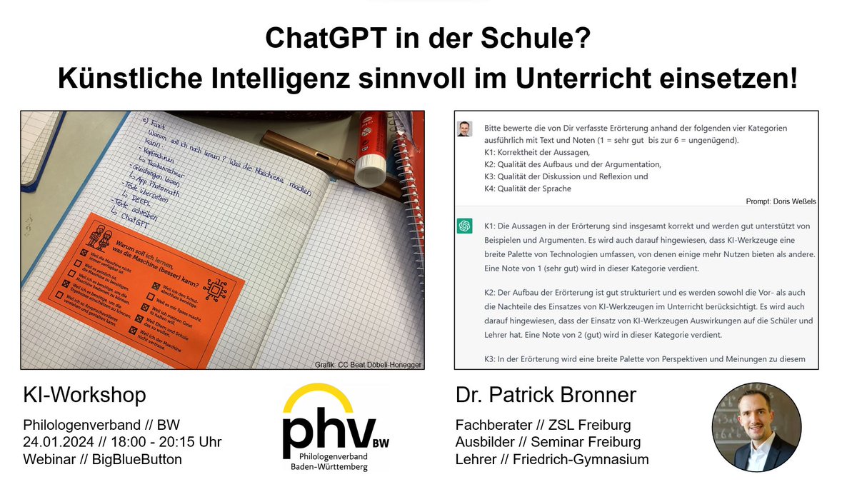 Das Handout zum 2 h KI-Workshop des <a href="/DPhV/">Deutscher Philologenverband</a> - Landesverband BW steht nach dem heutigen Webinar zum kostenlosen Download zur Verfügung:
PDF unter dem Reiter b) patrickbronner.de/fortbildung