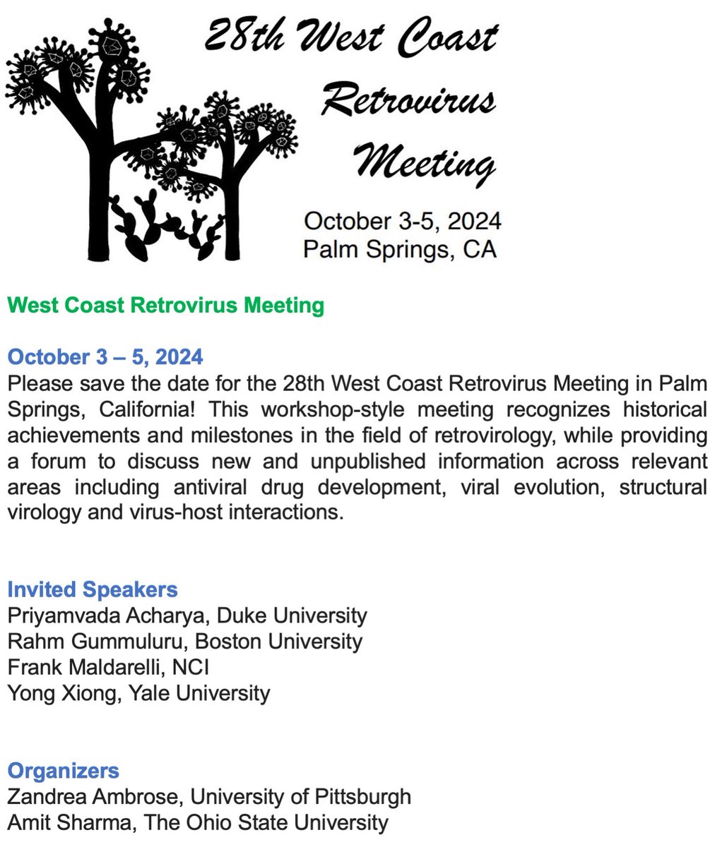 Zandrea Ambrose (zandrea.bsky.social) (@profambrose) on Twitter photo Please join me and @AmitSharmaOSU in Palm Springs for this fun #retrovirus meeting with a fantastic line up of keynote speakers, including <a href="/PriyamvadaA_Lab/">Priyamvada Acharya</a> <a href="/Rahm_Gummuluru/">Rahm Gummuluru</a> <a href="/Xiongosome/">Yong Xiong Lab</a> ! Please join me and @AmitSharmaOSU in Palm Springs for this fun #retrovirus meeting with a fantastic line up of keynote speakers, including <a href="/PriyamvadaA_Lab/">Priyamvada Acharya</a> <a href="/Rahm_Gummuluru/">Rahm Gummuluru</a> <a href="/Xiongosome/">Yong Xiong Lab</a> !
