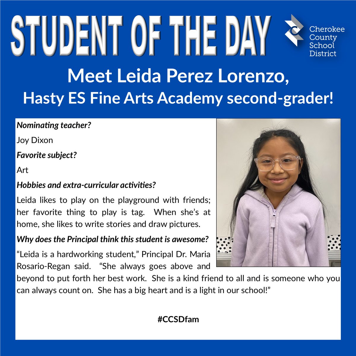 CCSD's "Student of the Day" is announced on WLJA 101.1 FM between 7-7:15 a.m. and 5-5:15 p.m. each school day, and we highlight these outstanding students here, too. #CCSDfam