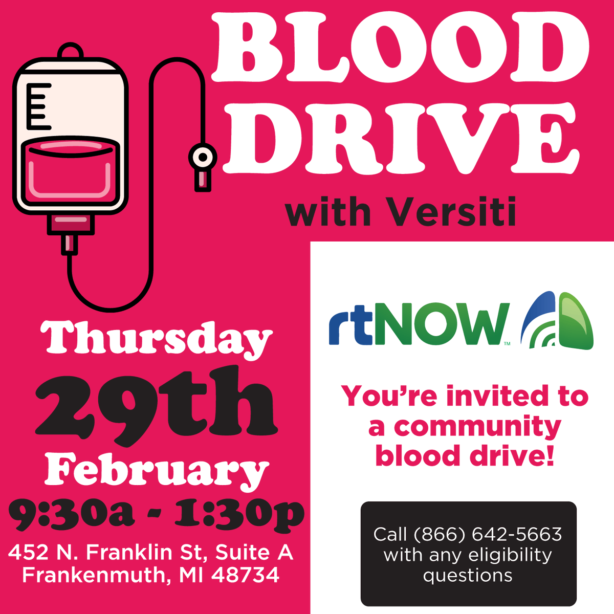 Rtnow's tweet photo. Join us for a community event on February 29th from 9:00 AM to 1:30 PM at 452 N Franklin St Suite A, Frankenmuth, MI 48734. https://t.co/n5sGIqzBIR 

Let's make a difference together. 🩸

#BloodDrive #rtNOW #Frankenmuth #SaveALife #MakeADifference #MichiganBloodDrive https://t.co/Tr8rGVkI6M