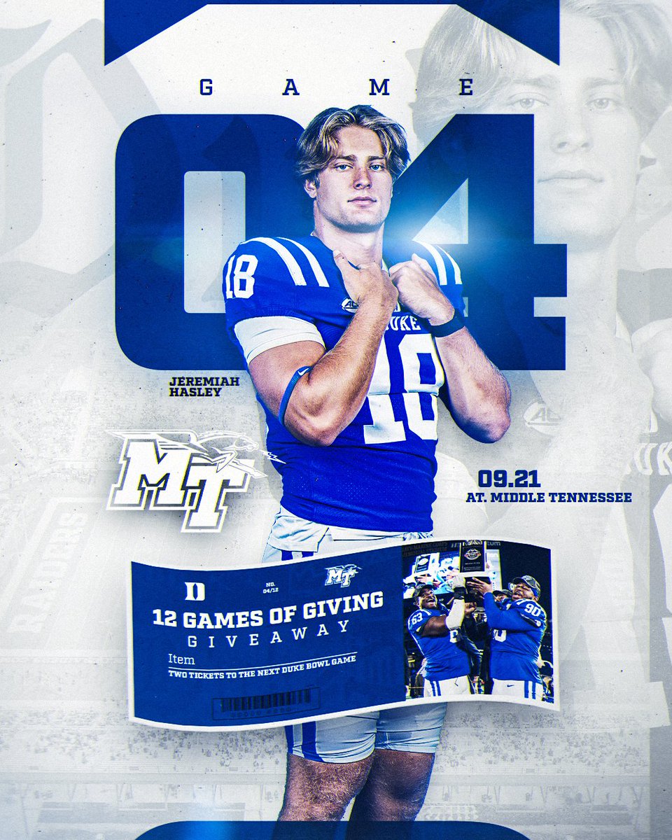 GAME FOUR
9/21 | at Middle Tennessee St.

Want to go bowling with Duke Football? Well, we’re giving away two tickets to our next bowl game!

All you need to do to enter is like, repost and follow @DukeFootball!