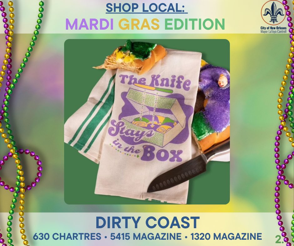 mayorcantrell's tweet photo. Tag a friend, tag a business &amp; #ShopLocalNOLA  🛍🎭

This carnival season, we are asking the community to shop, support and eat locally. Let’s let the good times roll and show our NOLA businesses some love. 
🎉💜💚💛

Check out some local spots to visit this carnival season! https://t.co/8jTrfsVm3p