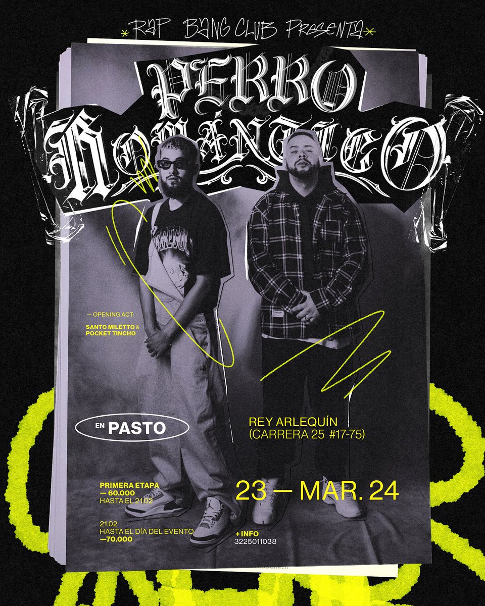 ¡PASTO! Arriba la mano que nos vemos de nuevo después de 5 años ✊🏽. Este 23 de marzo el #PerroRomanticoTour llega al Rey Arlequín(junto al hotel Agualongo). 
Representando la tierrita el señor <a href="/santomiletto/">TEDDY BLANKO</a> junto a <a href="/PocketTincho/">Pocket Tincho</a> calentarán el jolgorio 🔥
Artwork: <a href="/untallucas_pdf/">Lucas Barrera</a>
