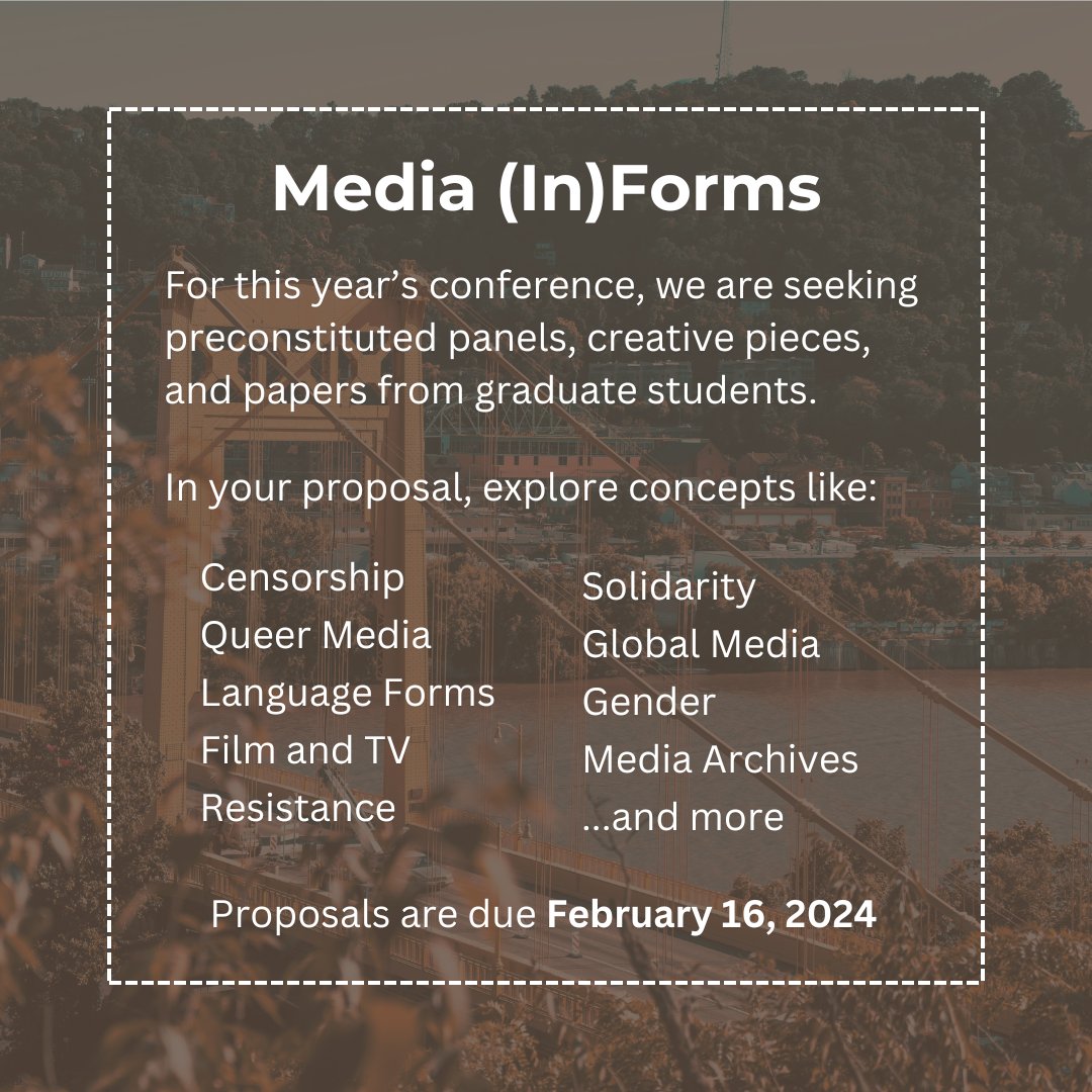 We are delighted to invite you to the fourth annual Bridges and Borders graduate conference, April 12-13. This year's theme is Media (In)Forms and will feature a keynote by @caitmckinney. We encourage any graduate student in the humanities to propose a paper or roundtable.