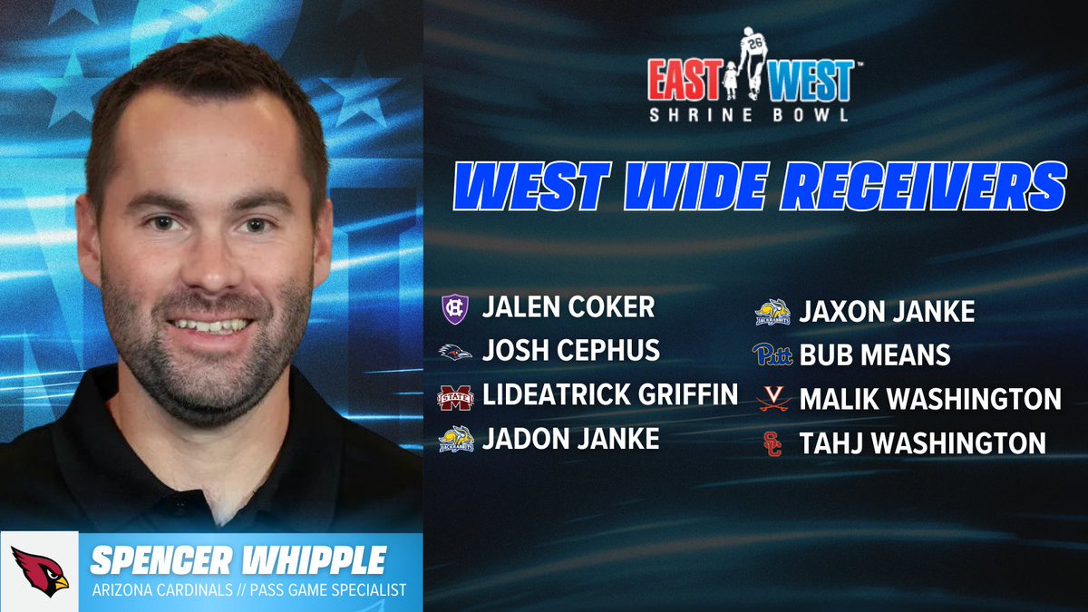 East-West Shrine Bowl (@shrinebowl) on Twitter photo ๐ Here's a look at the WEST WRs coached by Spencer Whipple (<a href="/CoachSWhip16/">Spencer Whipple</a>) from the <a href="/AZCardinals/">Arizona Cardinals</a>!
๐ซ <a href="/jalencoker/">Jalen Coker</a>
๐ซ <a href="/joshua_cephus/">Joshua Cephus๐ถ๐พโโ๏ธ</a>
๐ซ <a href="/TuluuuuuG/">Tulu๐ค</a>
๐ซ <a href="/JadonJanke/">Jadon Janke</a>
๐ซ <a href="/jaxonjanke/">Jaxon Janke</a>
๐ซ <a href="/twoplayaBub/">sideshowbub ใฒ</a>
๐ซ <a href="/tahj_washington/">TeachTapeTahj</a>
๐ซ <a href="/malik_w2/">Malik Washington</a>
#ShrineBowl | #NFL | #BirdGang ๐ Here's a look at the WEST WRs coached by Spencer Whipple (<a href="/CoachSWhip16/">Spencer Whipple</a>) from the <a href="/AZCardinals/">Arizona Cardinals</a>!
๐ซ <a href="/jalencoker/">Jalen Coker</a>
๐ซ <a href="/joshua_cephus/">Joshua Cephus๐ถ๐พโโ๏ธ</a>
๐ซ <a href="/TuluuuuuG/">Tulu๐ค</a>
๐ซ <a href="/JadonJanke/">Jadon Janke</a>
๐ซ <a href="/jaxonjanke/">Jaxon Janke</a>
๐ซ <a href="/twoplayaBub/">sideshowbub ใฒ</a>
๐ซ <a href="/tahj_washington/">TeachTapeTahj</a>
๐ซ <a href="/malik_w2/">Malik Washington</a>
#ShrineBowl | #NFL | #BirdGang