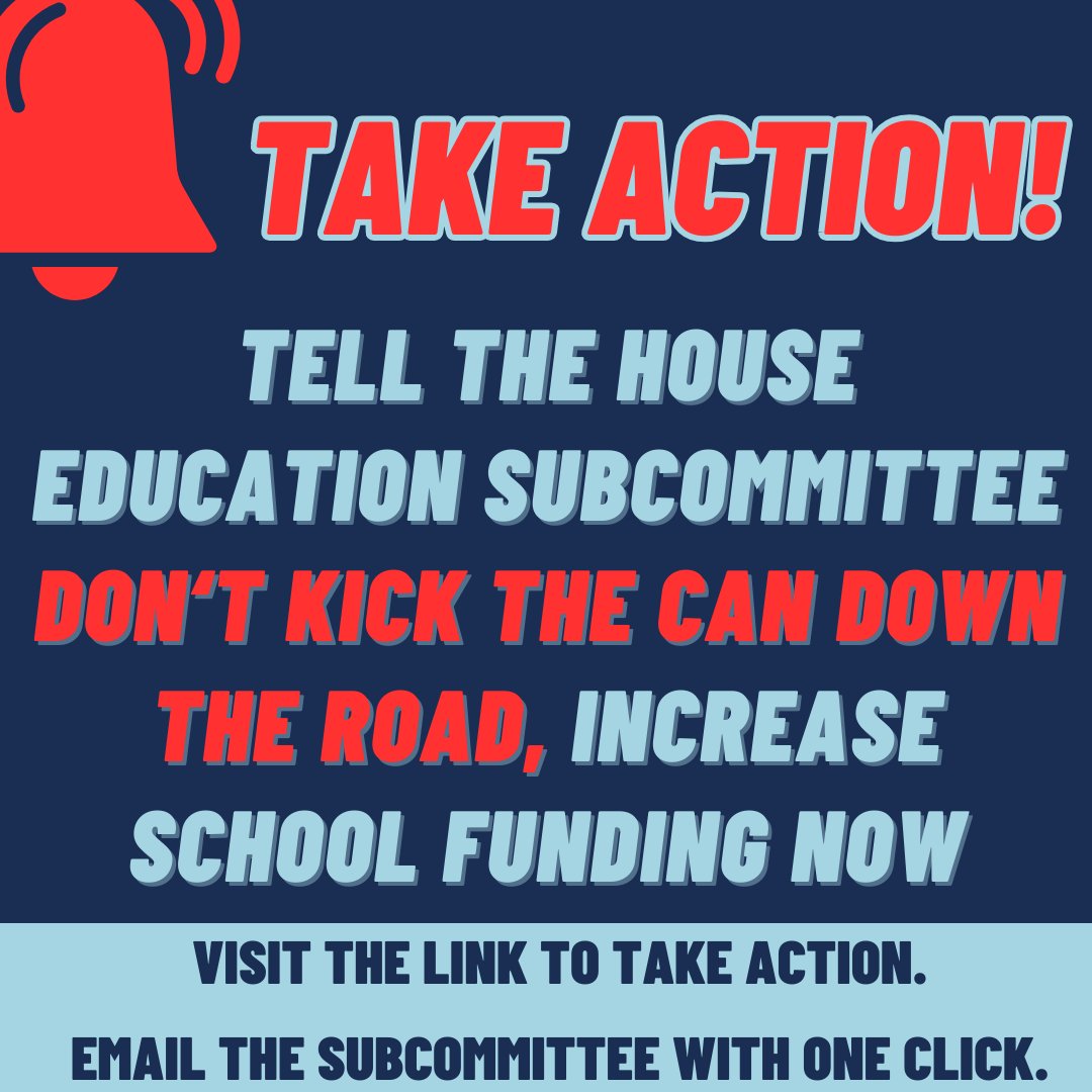 The House Ed Subcommittee on school funding looks like it might kick the can down the road and recommend this year's bills for interim study, basically killing school funding reform until 2025. Use our advocacy tool to tell them we need solutions now.
secure.everyaction.com/JADFmSSv9kWK-1…