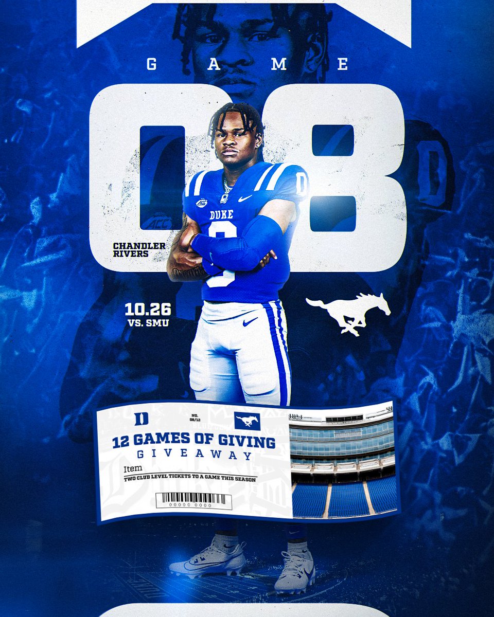 GAME EIGHT
10/26 | vs. SMU

We’re upgrading your seats! You get two free club-level tickets!

All you need to do to enter is like, repost and follow @DukeFootball!