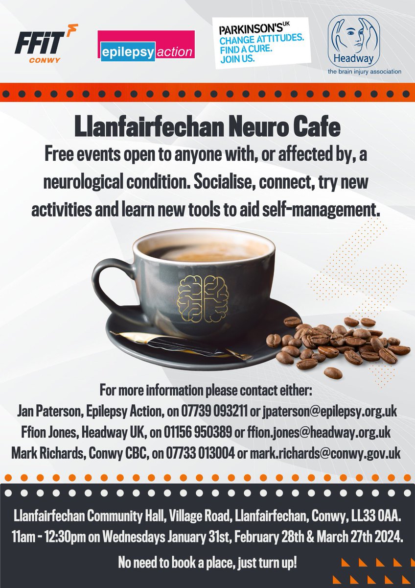 Mark Richards (@markrichardsdsw) on Twitter photo Looking forward to starting a new project next week. An opportunity for those affected by neurological conditions to meet in an informal, social setting.
A partnership approach between <a href="/FfitLeisureDev/">Ffit Conwy Leisure Development</a> <a href="/epilepsyaction/">Epilepsy Action</a> <a href="/ParkinsonsUK/">Parkinson's UK</a> & <a href="/HeadwayUK/">Headway - the brain injury association</a>
#Partnership #NeuroCafe Looking forward to starting a new project next week. An opportunity for those affected by neurological conditions to meet in an informal, social setting.
A partnership approach between <a href="/FfitLeisureDev/">Ffit Conwy Leisure Development</a> <a href="/epilepsyaction/">Epilepsy Action</a> <a href="/ParkinsonsUK/">Parkinson's UK</a> & <a href="/HeadwayUK/">Headway - the brain injury association</a>
#Partnership #NeuroCafe