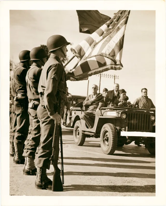 On January 18th President Roosevelt reviewed the 30th Infantry Battalion near Casablanca, and on the 21st he traveled up the coast to Rabat, where some of the fiercest fighting had taken place, to review the 3rd Infantry Division. The GIs were “shocked and thrilled” to see FDR as he saluted from his jeep.
