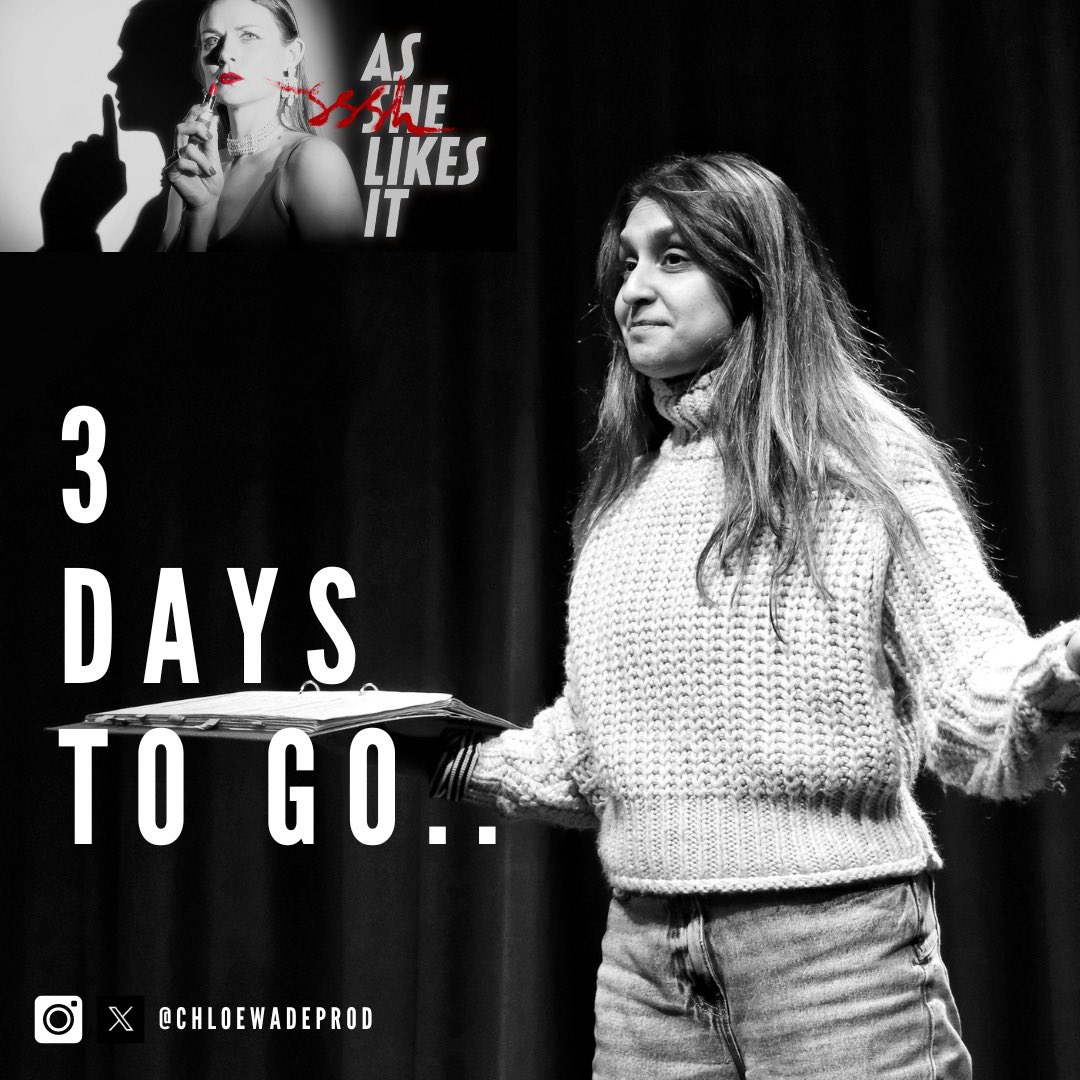3 days to go…. As SHE Likes It touring the UK 27th January - 16th March 2024. Go to chloewadeproductions.com to find a venue near you. #ASLI #PatriciaDouglas #MeToo  #TimesUp #NewWriting #Hollywood #EmpoweringWomen #Film #LGBTQIA #Justice #TheatreTour