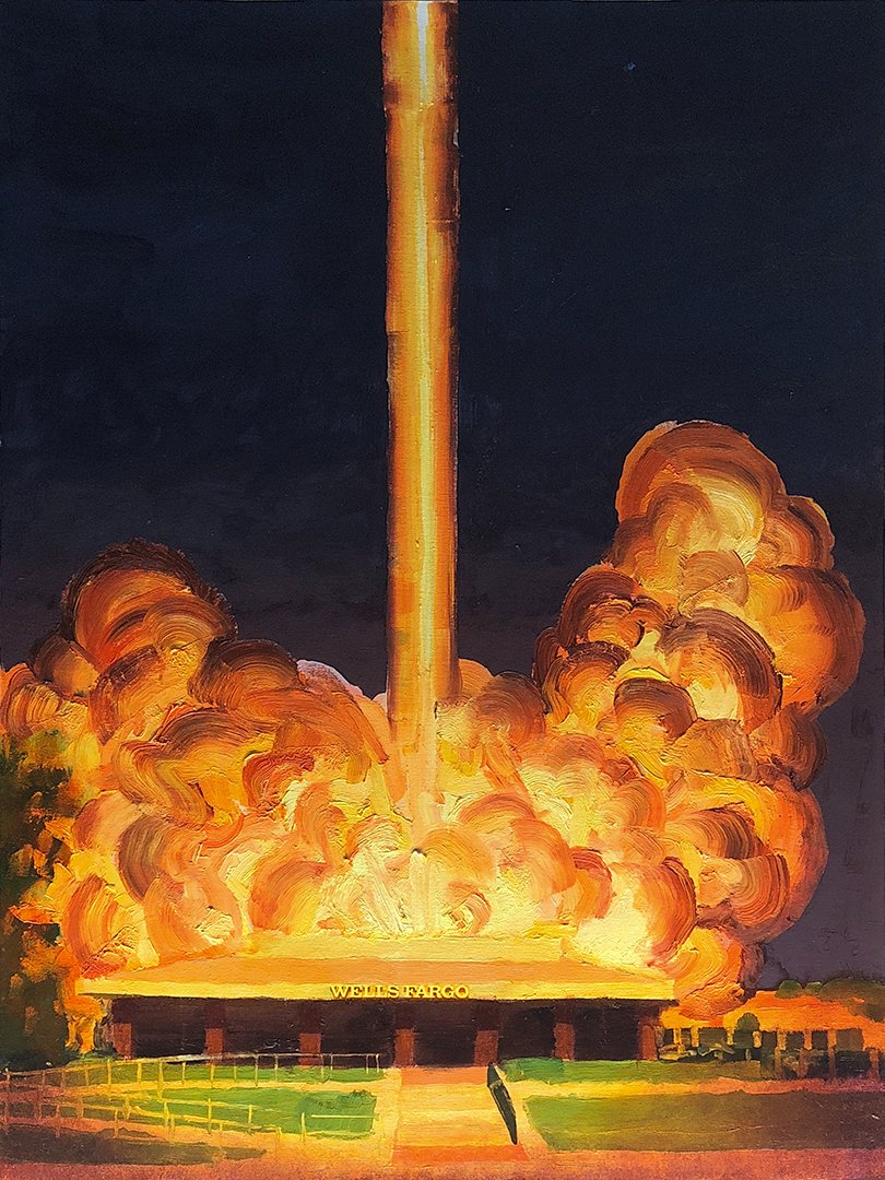 paintwithalexsc's tweet photo. Wells Fargo Hit with a Space Laser, oil on canvas, 48 by 36 inches. Moving this piece in a night time direction for a little more dramatic effect. https://t.co/3XRUFNF6Nc