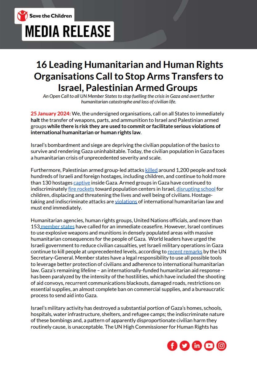 SaveAusNews's tweet photo. JOINT STATEMENT: Sixteen leading humanitarian and human rights organistions call to stop arms transfers to Israel and Palestinian armed groups. https://t.co/6NXbB43dLw
