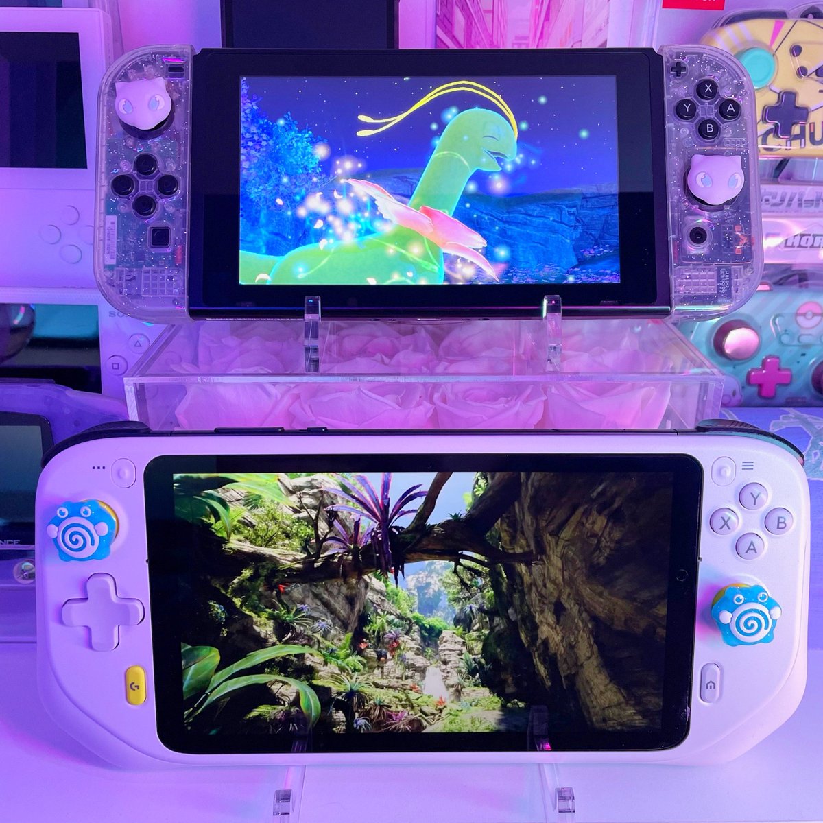 Updated the thumb grips on my handhelds, which do you prefer Mew or Poliwhirl? #Pokemon