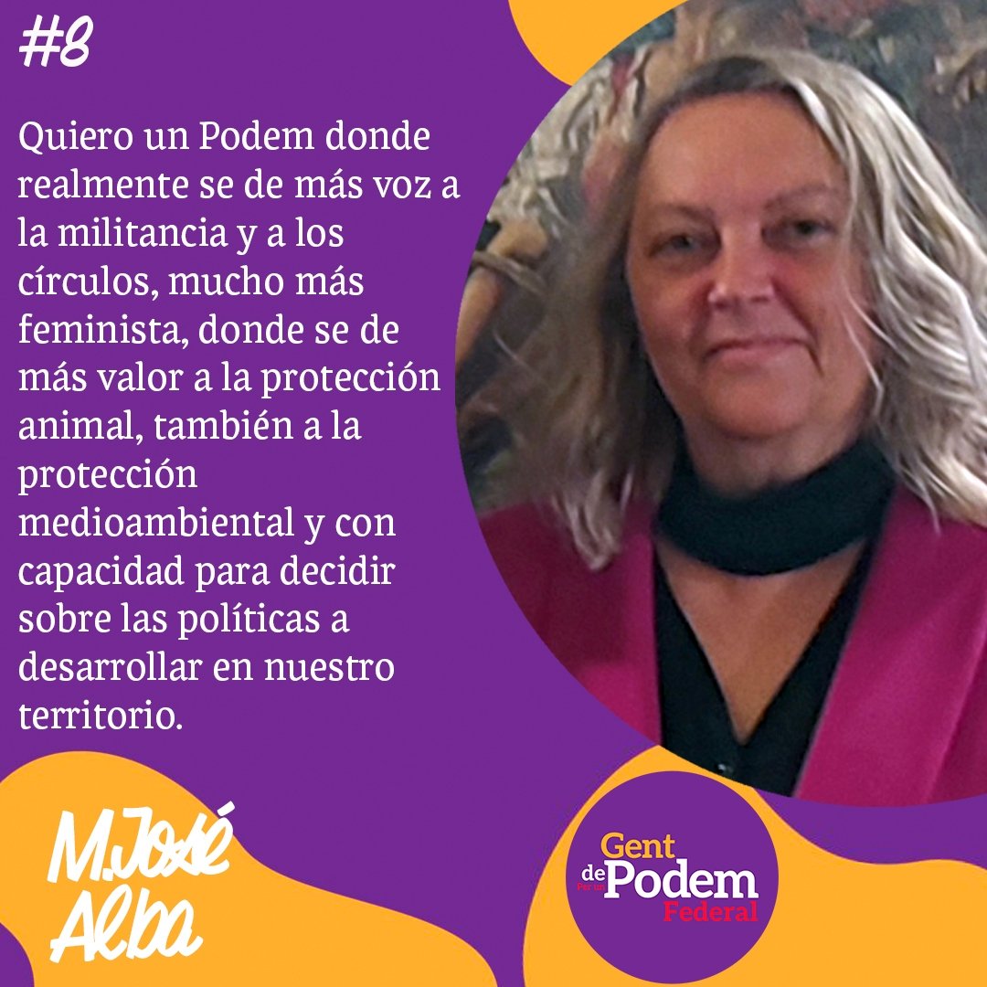 GentdPodemFed's tweet photo. Os presentamos otra persona integrante de nuestra lista.

#8 M.José Alba

"Quiero un Podem donde realmente se de más voz a la militancia y a los círculos, mucho más feminista, donde se de más valor a la protección animal, también a la protección medioambiental"

#gentdepodem https://t.co/gIkUgKGKye