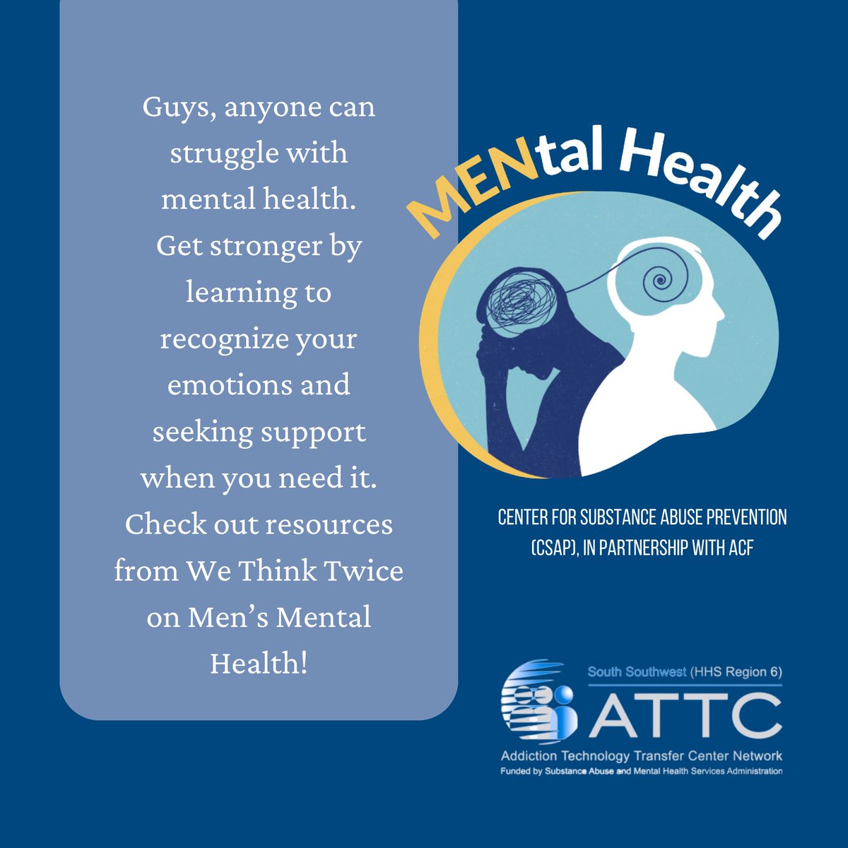 sswattc's tweet photo. Check out the new resource from We Think Twice from the Center for Substance Abuse Prevention (CSAP), in partnership with ACF on Men's Mental Health resources. #MENtalhealth #mentalhealthresources

https://t.co/QpNaCyiNkF https://t.co/u23fKUEDf7