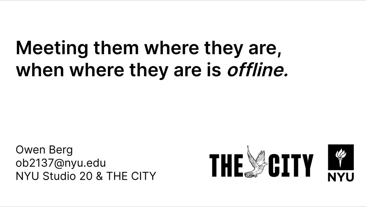 I thought I’d finally make a thread about the audience engagement project I did with <a href="/THECITYNY/">THE CITY</a> in the fall, which was all about using physical media to promote their online service journalism. 

(featuring my presentation slides!) 🧵: