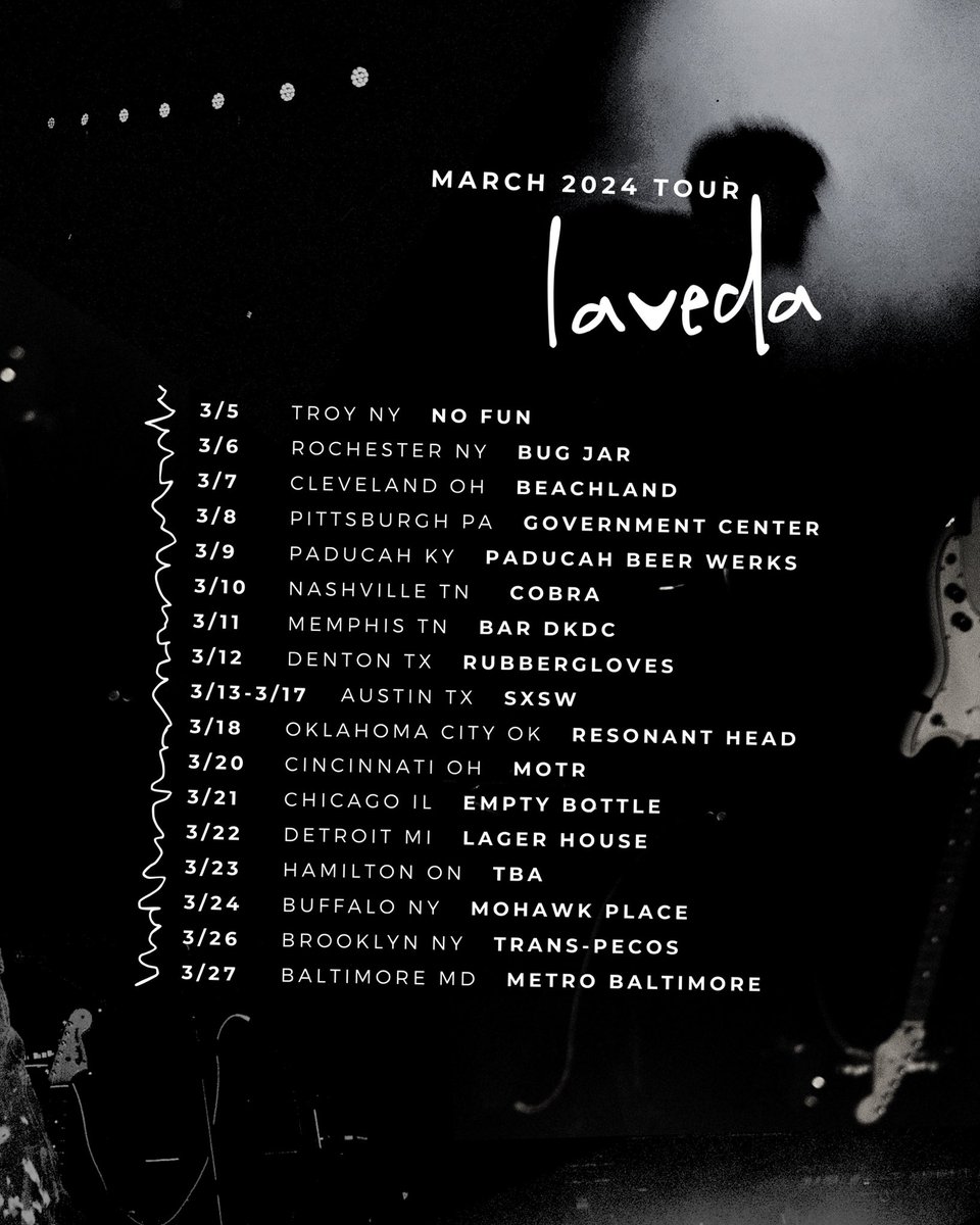 Laveda March 2024 Tour. excited get back on the road. tell your friends. tell your enemies. we can’t wait to see you 🖤

more info/tickets at lavedaband.com/tour
