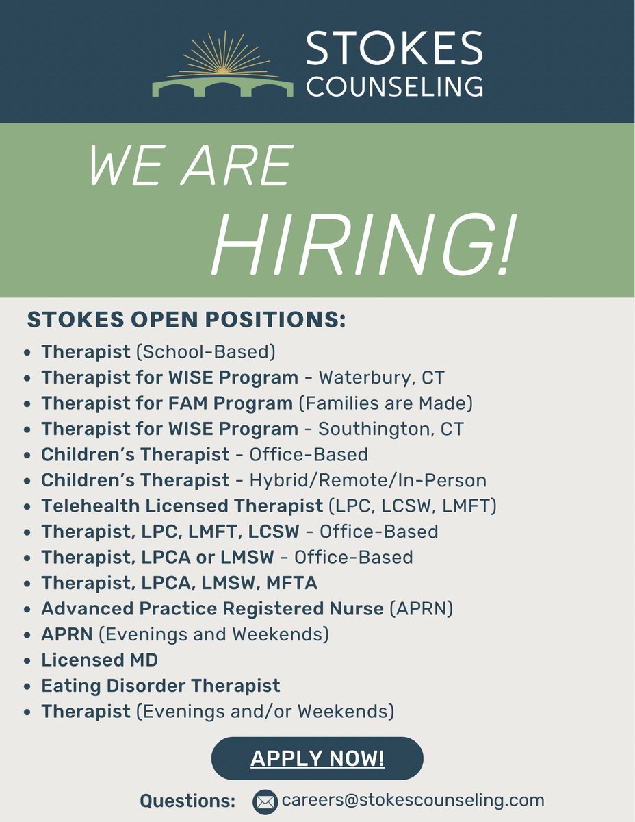 Stokes is growing! 💚 
Join our team of talented licensed clinicians. Learn more about our open positions on our website: stokescounseling.com/careers/. #StokesCounseling #ClinicianJobs #TherapistJobs #CTJobs