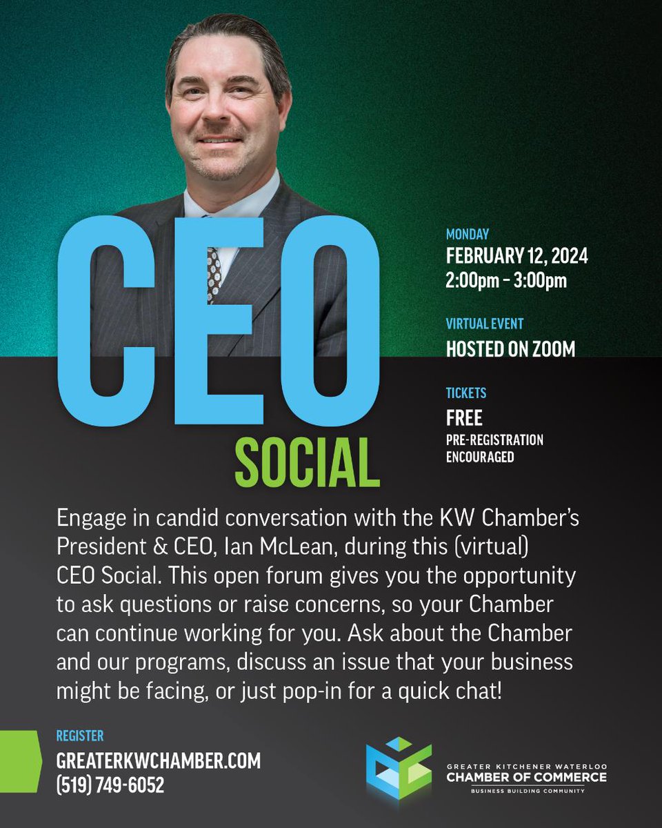 Learn more about the event CEO Social with Ian McLean on the Greater Kitchener Waterloo Chamber of Commerce website. beeid.org/a15b474c589b