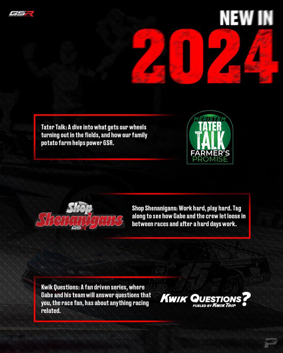 In 2024, we will be providing an inside look into GSR with the additions of Tater Talk, Shop Shenanigans, and Kwik Questions, a trio of mini series’ focused on our fans, family, farm, and team. Stay tuned for more details, and how to be a part of the videos!