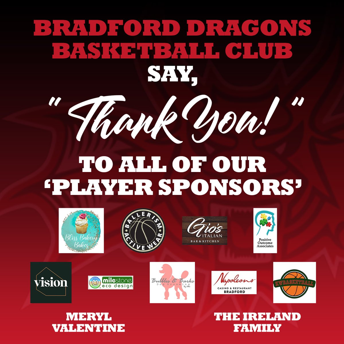 Here at Bradford Dragons we can not express our gratitude enough to our amazing player sponsors. #BradfordDragons #Basketball #OneClubOneFamily #SponsorAPlayer