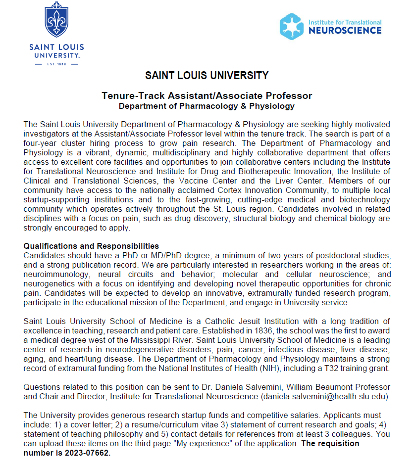 🚨 Our department is growing and we are hiring ! We have a tenure track position open to join the amazing environement at @PharmPhysSLU and @SLU_ITN! We are looking forward to reinforce our pain group. Don't hesitate to reach out with questions.