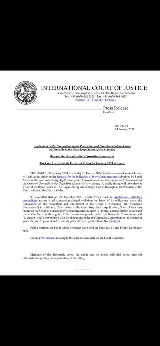 HamzaKhanSOK's tweet photo. The ICJ publishes an official press release confirming that the preliminary ruling will be released this Friday.
Do the right thing ICJ. The world is watching. 🇵🇸🇵🇸🇵🇸
#PakInterveneICJ
#Gaza
#PalestineWillBeFree
#GazaGenocide https://t.co/YjCZIexkeR