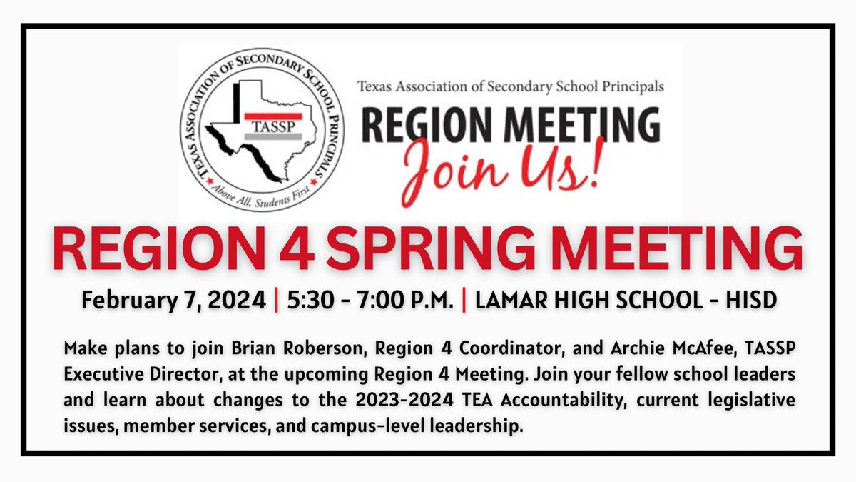 TASSP_Region4's tweet photo. Save the Date: @TASSP1 Region 4 Fall Meeting | February 7, 2024, from 5:30 - 7:00 pm at @LamarHS. #tassp #region4
Check out our @TASSP1 Region 4 Newsletter and Register Today for our Spring Meeting! (https://t.co/t9unxgh3Yj) #firstofallstudentsfirst #region4 @NASSP @BKRoberson2 https://t.co/liYrAGFXyr