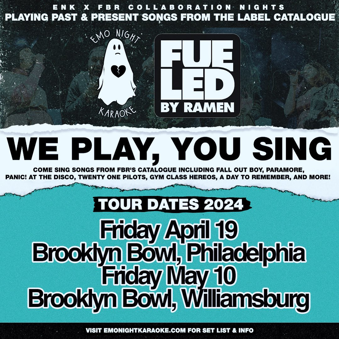 ENK & @FueledByRamen have teamed up with @brooklynbowl & @BBowlPhilly for special events with you on lead vocals! setlist will cover all of the labels catalogue including Paramore, Fall Out Boy, Panic! At The Disco & many more! Tickets go on sale 1/26 @ 12 PM EST! 🎤 👻 🖤 🍜