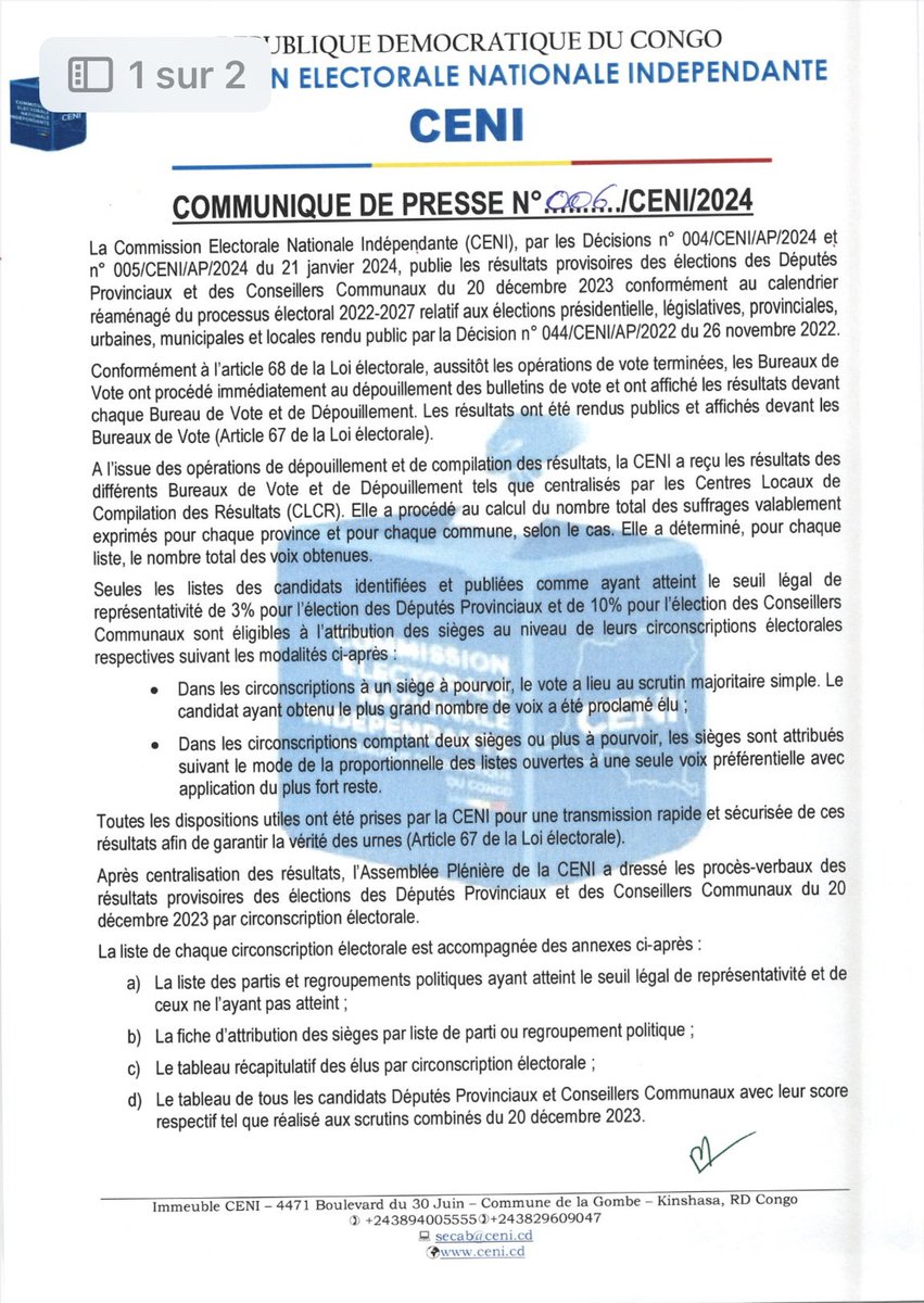 cenirdc's tweet photo. COMMUNIQUE DE PRESSE | N° 006/CENI/2024

Mise au point sur les élections législatives provinciales et des conseillers communaux et suite du chronogramme opérationnel https://t.co/6YMX4QLacX