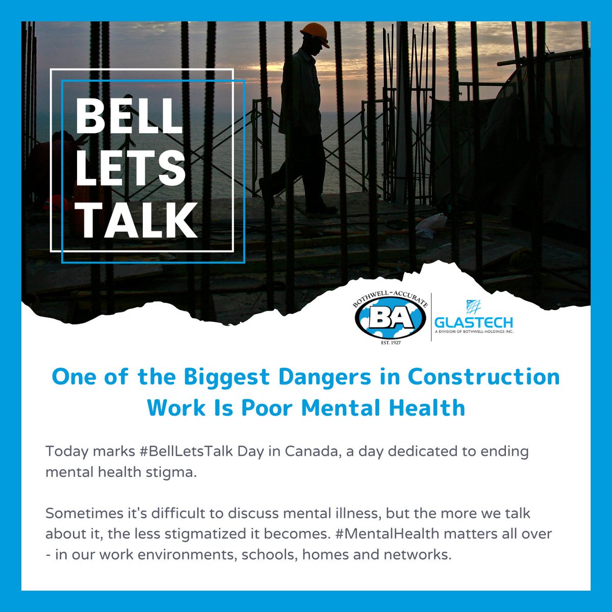 BothwellCo's tweet photo. One of the Biggest Dangers in #Construction Work Is Poor Mental Health!

Today marks #BellLetsTalk Day in Canada, a day dedicated to ending mental health stigma. Sometimes it's difficult to discuss mental illness, but the more we talk about it, the less stigmatized it becomes. https://t.co/n4moFTCEK2