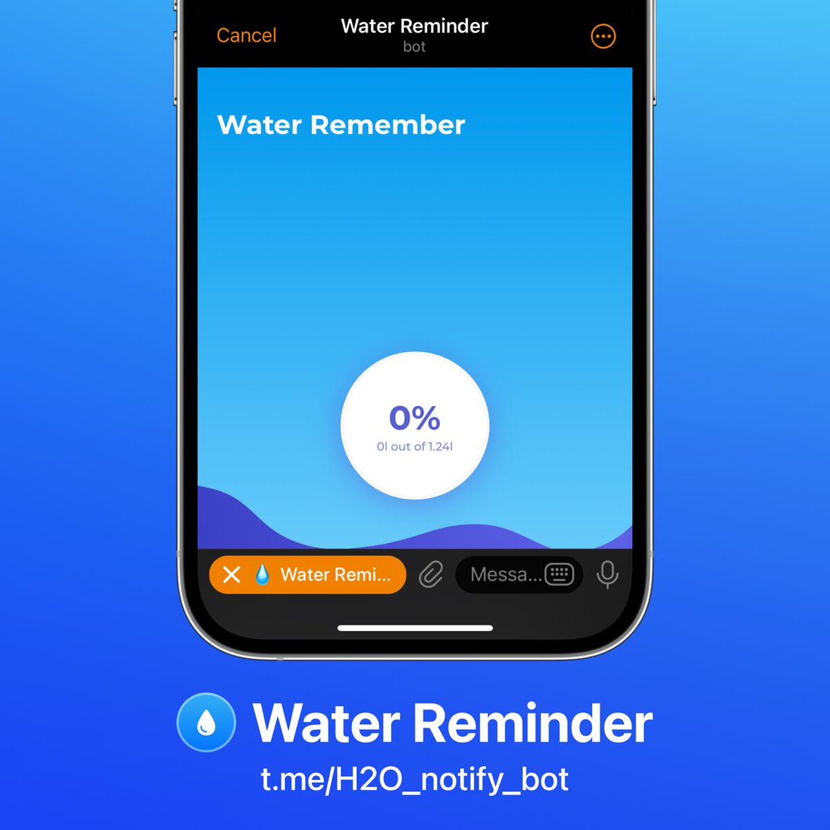 💧 Stay healthy with Water Reminder, your go-to app for maintaining optimal hydration throughout the day.

🌟 How it works:
— Set a daily water consumption goal.
— Customize with reminders for regular hydration.
— Track your intake by informing the bot of each drink.

🚰 Check