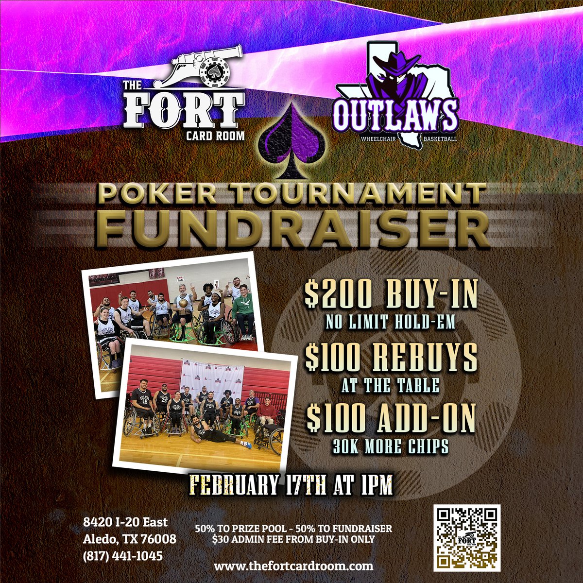 thefortcardroom's tweet image. 💥Come out to The Fort Card Room and #StackEmHigh for a great cause! Help us support the Texas Outlaws Wheelchair Basketball team with a $200 buy-in #NoLimitHoldem throwdown! Cards in the air on February 17th at 1PM! 🤠