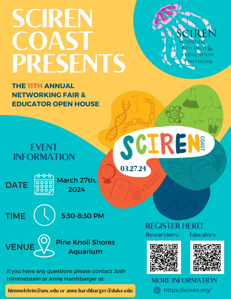 We're excited to announce that SciREN Coast's 11th Annual Networking Fair &amp; Educator Open House will take place on March 27th, 2024!!👩‍🔬📚🪸🎉 

Register now using the QR codes or links below! #SciCoast24 

Researchers: forms.gle/9NTqfJo7UySZGE… Educators: forms.gle/UupaZpkCgoyMjy…