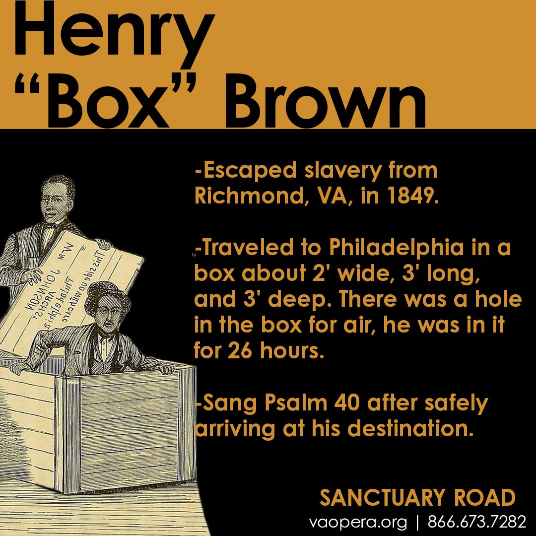 vaopera's tweet photo. Henry "Box" Brown escaped slavery from Richmond, VA, in 1849. Brown ordered a 2' wide, 3' long, and nearly 3' deep box and shipped himself to Philadelphia: https://t.co/08FefIbzGF
#vaopera #opera #meetopera #sanctuaryroad #neonnfk #visitnorfolkva #rvatakesthestage #blackhistory https://t.co/8uHKAaqx3s