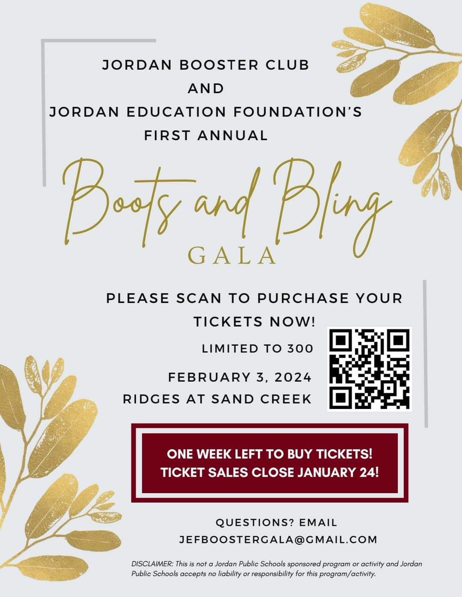 🎟 Ticket sales close TODAY!!
💛 Help us support the Activities, Athletics, and  Education of JHS, and the Teachers and Coaches who work tirelessly for our children!  

#supportingeachother #bootsandblinggala