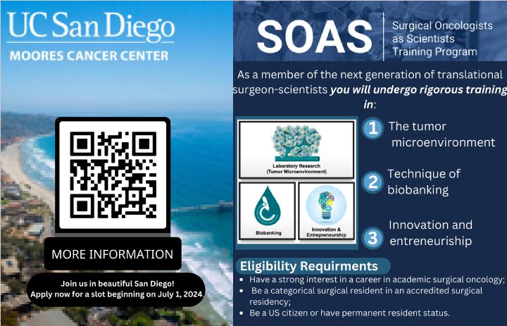 UC San Diego’s Department of Surgery & NCI-Designated Moores Cancer Center is recruiting MD surgeon-scientist trainees for a 2-year Surgical Oncology T32 Training Program starting in July 2024. @UCSDsurgery @UCSDCancer @UCSDHealth @NCI_Training Contact: ataspilkin@health.ucsd.edu