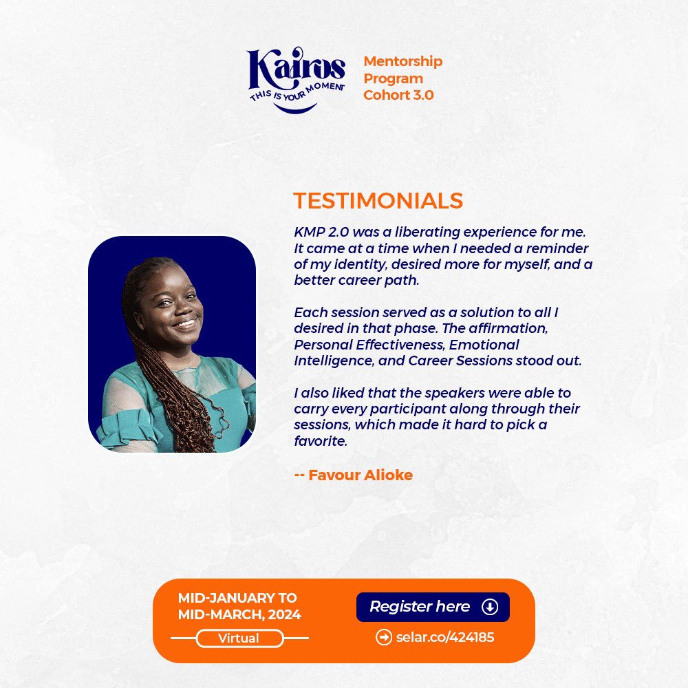 Thekairoshq's tweet photo. Here's what @FavourAlioke has to say about Kairos Mentorship Program.
Don't hesitate! Click on the link on our bio to secure a spot for KMP
3.0!
#thekairosha #kairosmentorshipprogram #peopledevelopmentcentre #mindshiftprogram https://t.co/B0WU2LNgOs