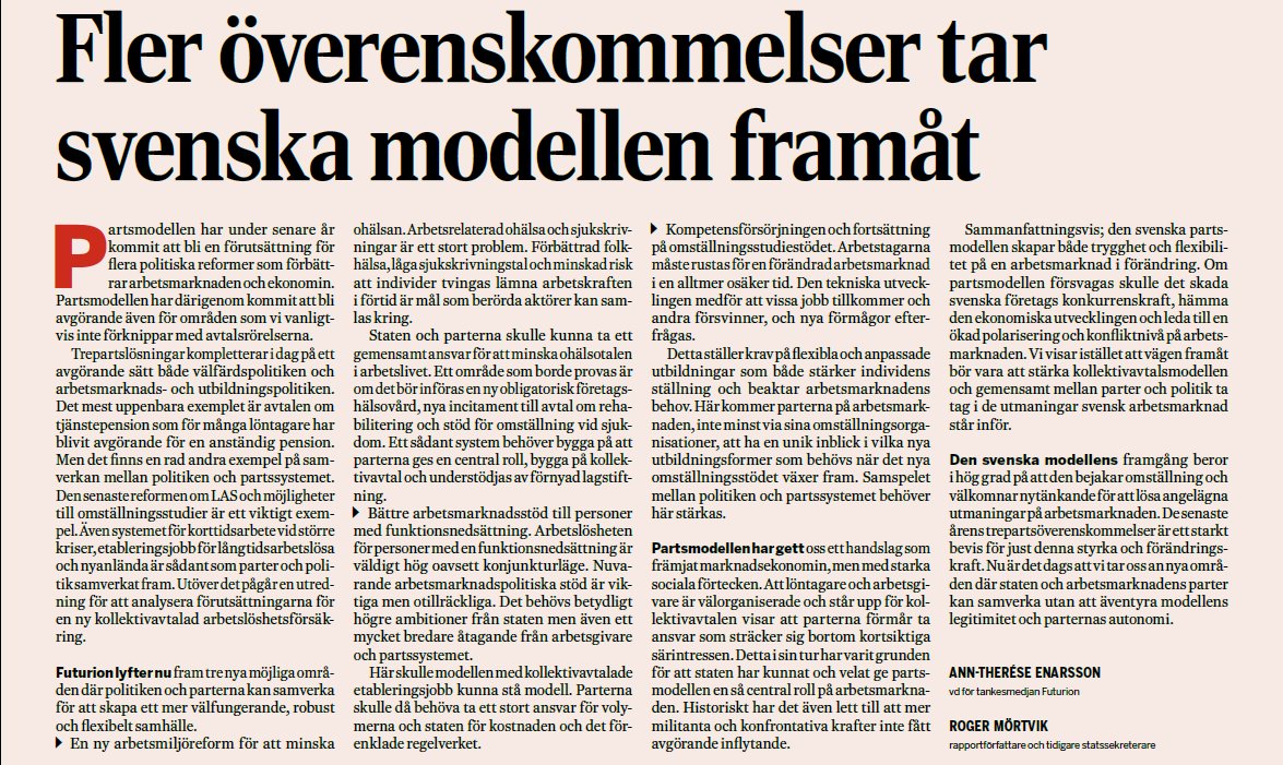 "Politiken &amp; parterna" är namnet på rapporten om svenska modellen som <a href="/FuturionSWE/">Tankesmedjan Futurion</a> presenterade idag. Nu föreslår VD <a href="/Atte_E/">Ann-Therese Enarsson</a> &amp; författaren <a href="/RMortvik/">Roger Mörtvik</a> nya "partsområden" på <a href="/didebatt/">Di Debatt</a>.