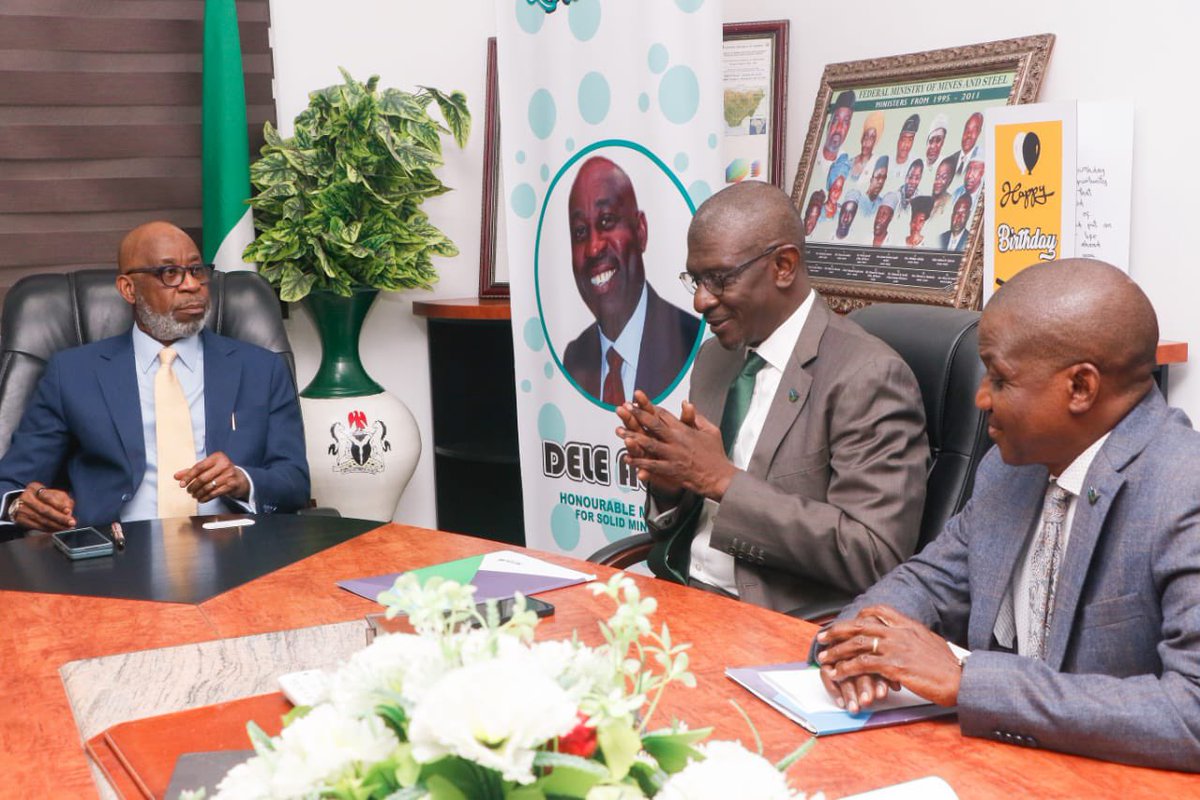 AlakeDele's tweet photo. While receiving the NEXIM Bank Managing Director, Abba Bello, in my office today, I lauded the bank for deploying its financial tools to assist the mining industry in meeting some of its critical needs of equipment and funding.

The Solid Minerals Development Ministry and the Nigerian Export-Import (NEXIM) bank have committed to strengthening partnerships to close the logistical gap hampering exports of solid minerals whilst leveraging the bank’s resources to bolster mining sector financing.

I expressed satisfaction with the bank’s commitment to the development of the mining sector, pledging the ministry's collaboration to leverage the bank’s resources for the benefit of the mining industry.