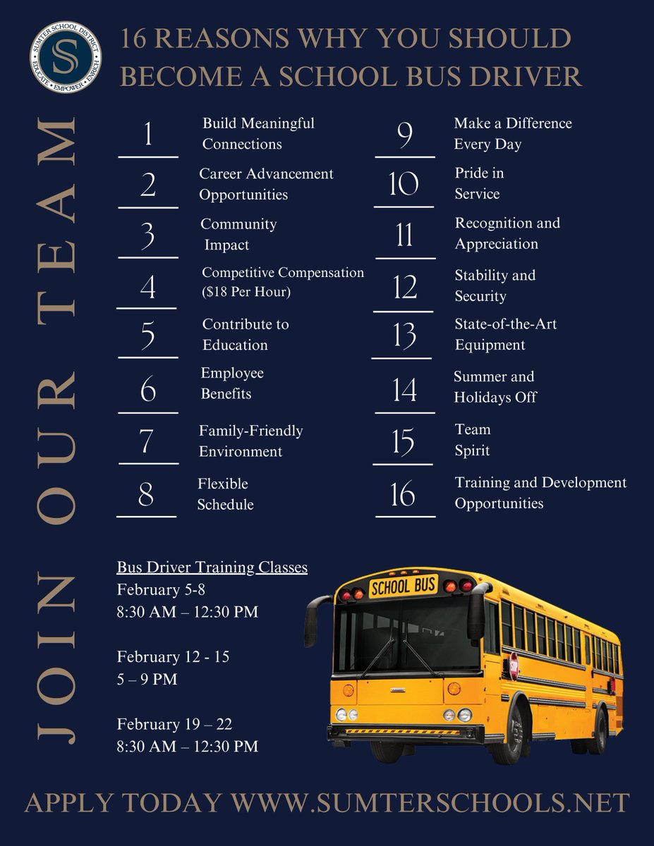Discover 16 reasons why YOU should join our Transportation Team! Starting pay is $18 an hour. Apply today at sumterschools.net. #SSDShiningStars #SSDAppeal #schoolbusdriver