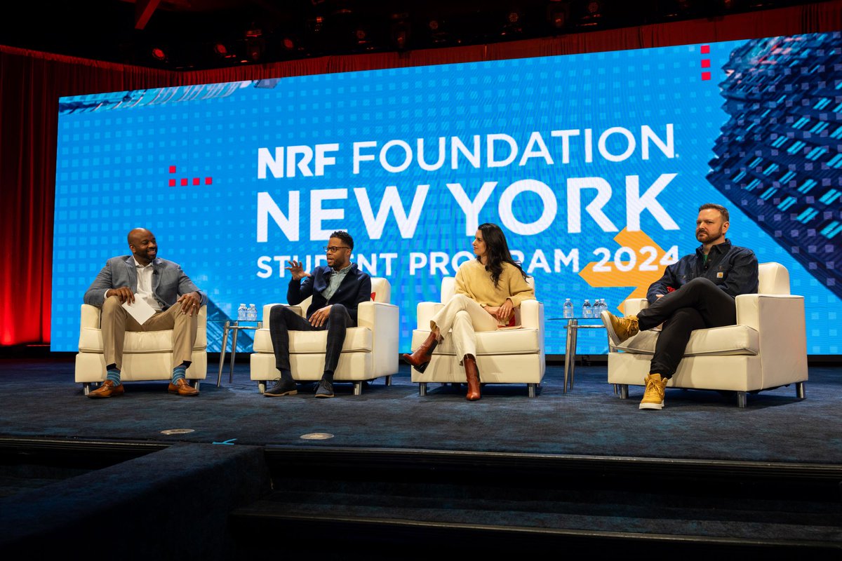 Rick Jordan of @DICKS, Timothy Fair of @Burlington, Ron Brown of @Target and Seneiya Navajas of @UniqloUSA sat on stage at the NRF Foundation Student Program 2024 sharing how they navigate priorities in sustainability, DE&I and more to create an #impact in #communities.
